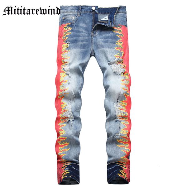 

men's jeans summer design a ripped hole casual spliced side flame print trousers distressed vintage slim pants clothing 230810, Blue