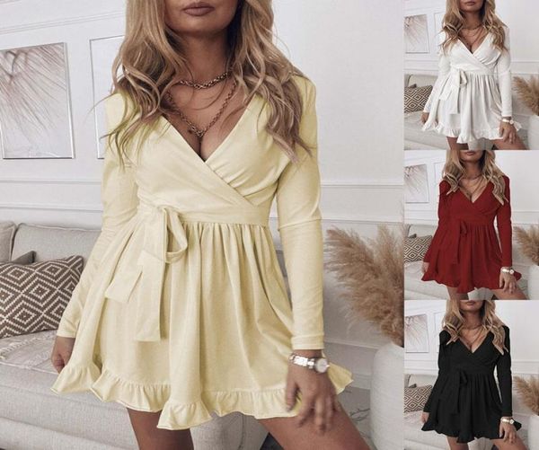 

casual dresses women vneck folds ruffle mini dress fashion spring chic laceup solid party autumn long sleeve knitted bottom slim7332377, Black;gray