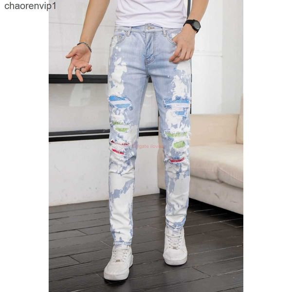 

designer clothing amires jeans denim pants amies jeans mens fall 2021 new damaged paint scratched holes slim fit straight leg pants distress, Blue