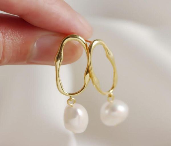 

gold plate s925 sterling silver baroque freshwater pearl drop earrings women jewelry ins style drop 5753278, Golden;silver