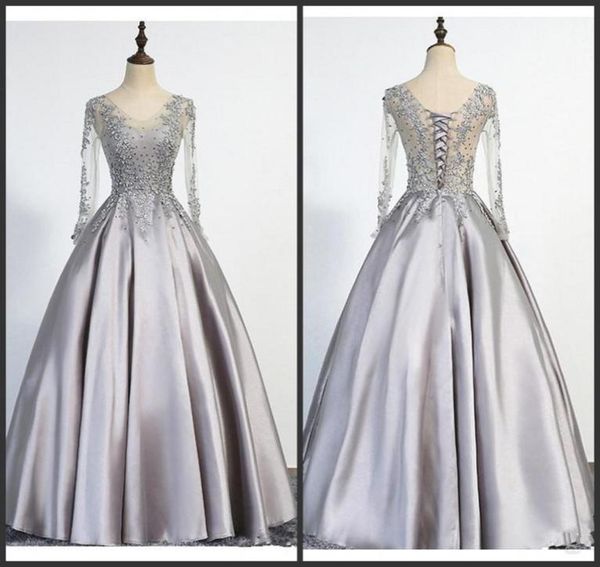 

elegant plus size silver evening dresses long 2020 new long sleeves scoop lace up floor length appliques beading real picture prom9854161, Black;red