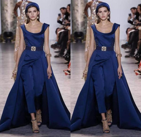 

2018 spring ellie saab jumpsuit prom dresses with detachable skirts satin sweep train dress evening wear party gown plus size974694647638, Black
