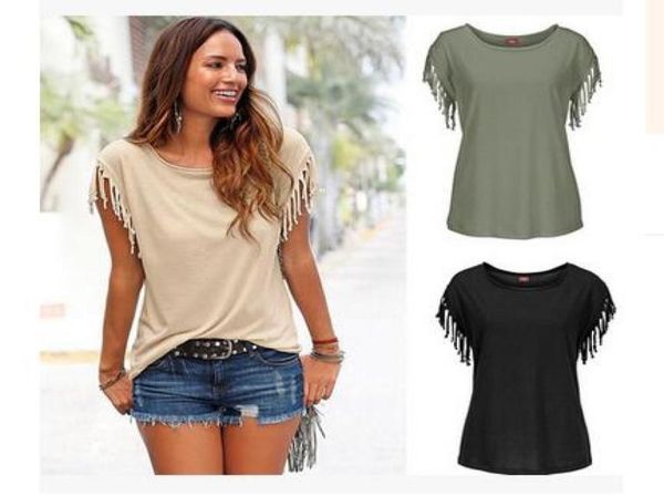 

fashionsummer european girl tshirt clothes short sleeved tassels tshirts for women whole solid color female tshirts 9572069, White