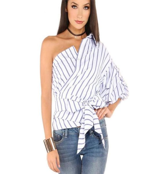 

women shirts irregular oblique shoulder striped shirt spring summer autumn ladies clothing chic personality blouses318i7020952, White