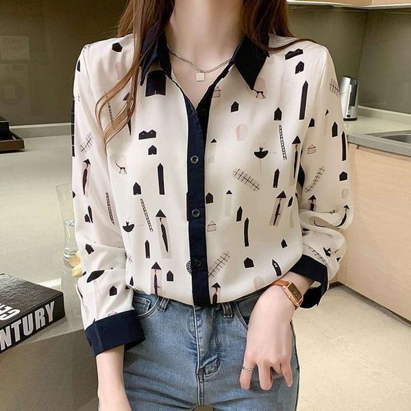 

autumn all matching color block shirts printed long sleeved chiffon shirt womens base top, White