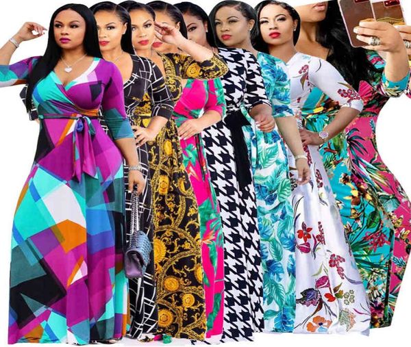 

women bohemian dresses 13styles floral holiday beach maxi 12 sleeve floorlength summer clothing lady plus size vneck dress4632041, Black;gray