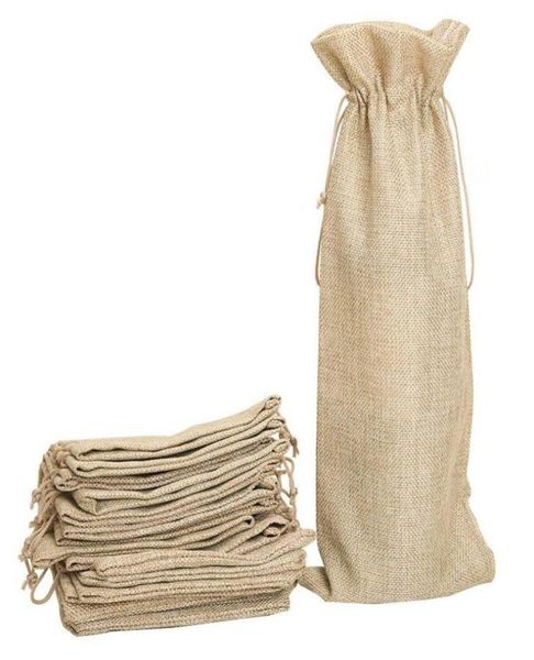 

12pcs rustic jute wine bag vintage hessian burlap drawstring gift wine bottle bags for wedding party decor wrap packaging8298901, Pink;blue