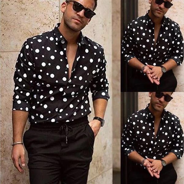

mens shirt vintage boho dot long sleeve elegant male casual formal party slim fit 220f, White;black