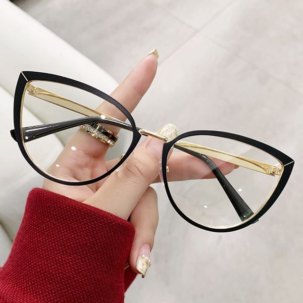 

fashionable new metal cat eye anti blue light eyeglasses frame plain and trendy flat light glasses, Black
