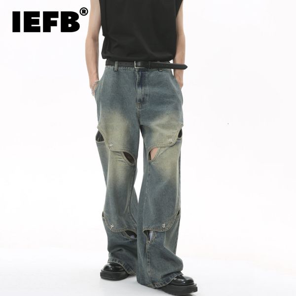 

men's jeans iefb fashion hollow out wide leg trendy summer worn denim pants metal button patchwork design high street 9c200 230810, Blue