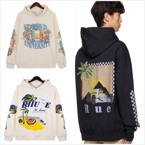

hoodies designer rhude hoodie sweatshirt old wash embroidery loose drawstring stretch athleisure thick vintage high street hip hop couple sw, Black