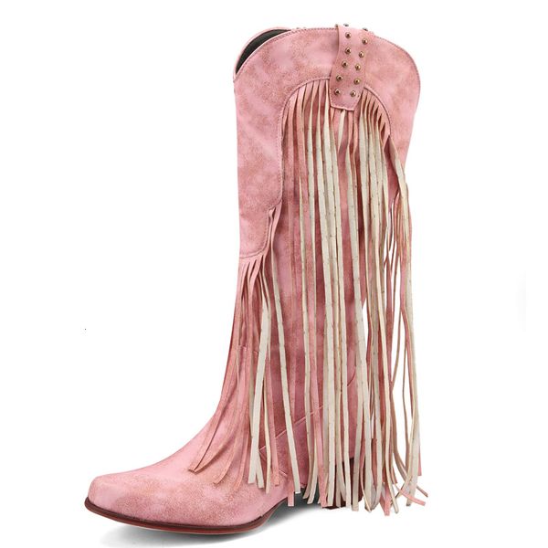 

boots 2023 rivets tassels punk western cowboy for women high heels ladies spring autumn cowgirl shoes calf 230810, Black