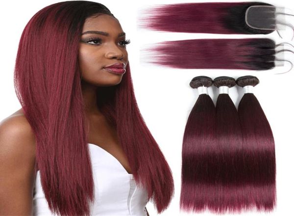 

percolored brazilian straight hair 3 bundles with closure t1b99j 1bburgundy human hair extensions ombre nonremy hair weave bund2538135, Black