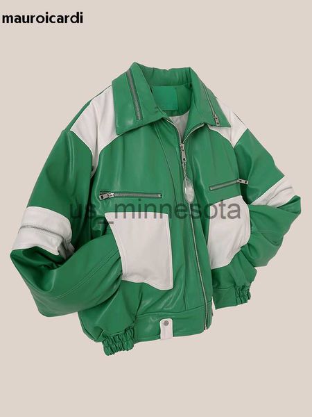 

men's jackets mauroicardi spring autumn oversized green and white patchwork pu leather jacket men with many zippers luxury designer clo, Black;brown