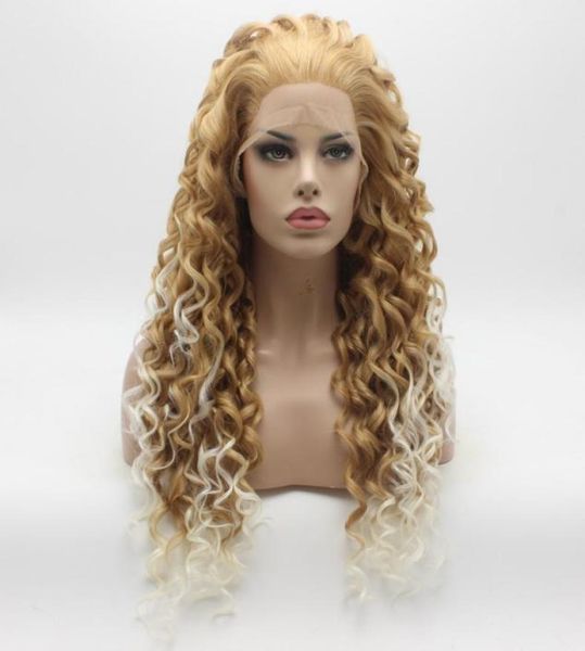 

iwona hair curly long honey blonde root white ombre wig 1827hr1001 half hand tied heat resistant synthetic lace front wigs6656803, Black