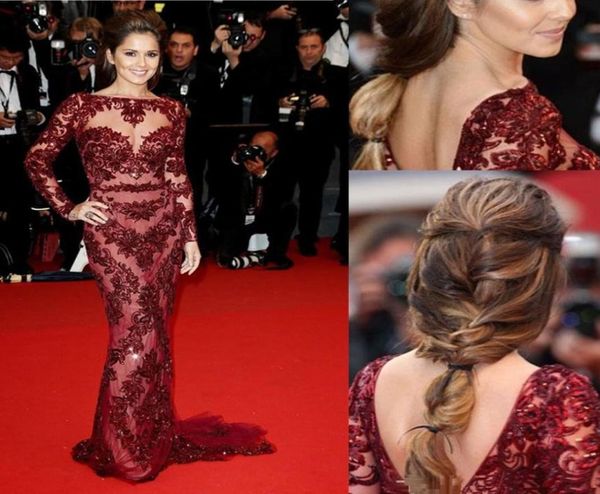 

new arrival celebrity dresses sheer beads appliqued bateau neck long sleeve vback long tulle mermaid formal dress evening prom go8469048, Black;red