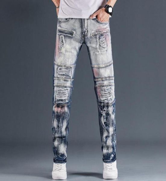 

design pants men women t shirts panther print army green destroyed mens slim denim straight biker skinny jeans men4886047, Blue