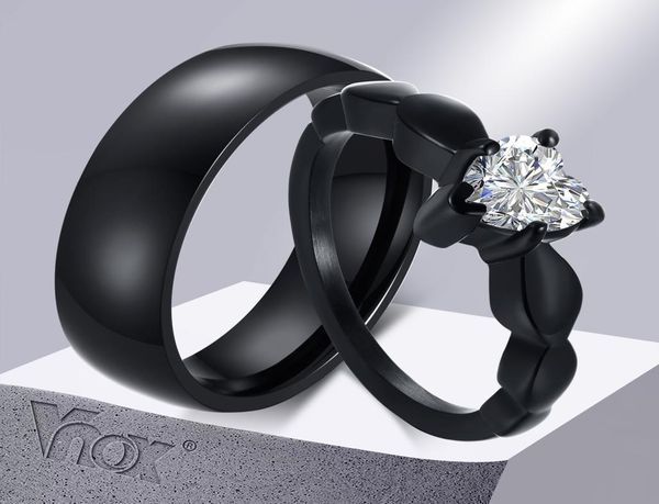 

fashion jewelry vnox romantic heart cz stone couple rings for women men black color stainless steel bands engagement jewelry love 6027489, Golden;silver