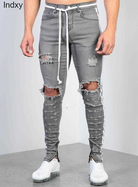 

mens ripped ribbon grey skinny jeans fashion designer hi-street distressed denim joggers knee holes washed destroyed slim fit pants l0023, Blue