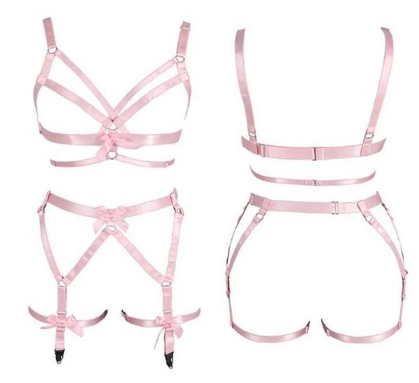 

women pink bow full body harness bra elastic plus size cupless bra hollow out strappy garter belt punk gothic lingerie set s07006309, Red;black