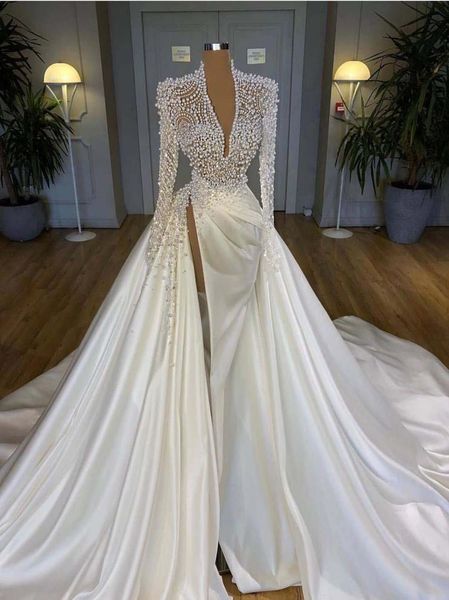 

vintage 2021 plus size pearls mermaid wedding dresses bridal gowns with detachable train v neck long sleeve high side split robe d8893881, White