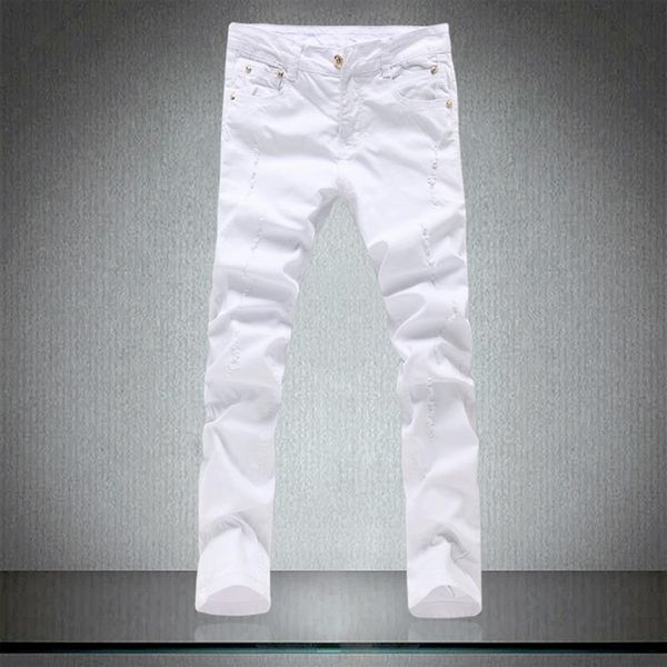 

spring men's tight pure white jeans male skinny trousers cotton elastic hole slim leisure pants men236y, Blue