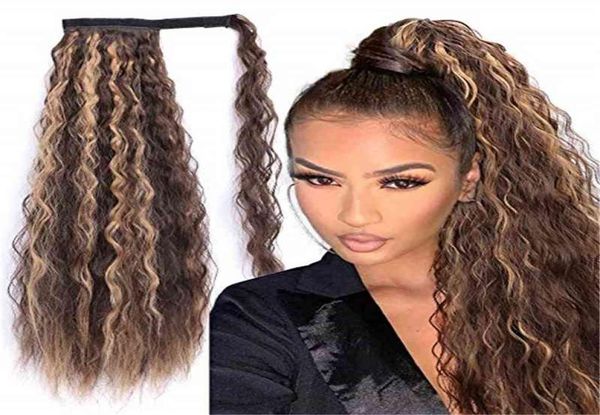 

curly long ponytail synthetic piece wrap on clip extensions ombre brown pony tail blonde fack hair1005834, Golden;silver