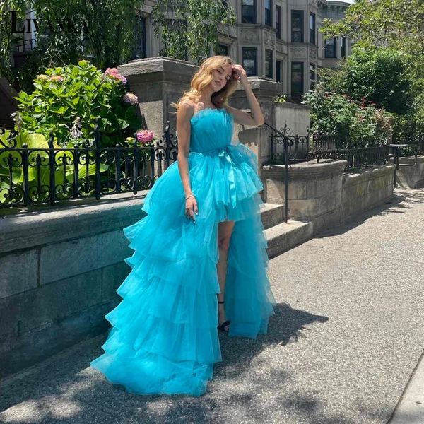 

high low ruffles tiered prom dresses strapless bow tieb layered homecoming dress sleeveless a line front short back long party gown, Black