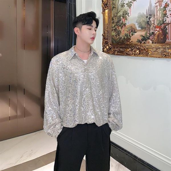

men long sleeve loose casual sequins shining shirt male vintage fashion party dress shirts night club dancer stage clothing314t, White;black