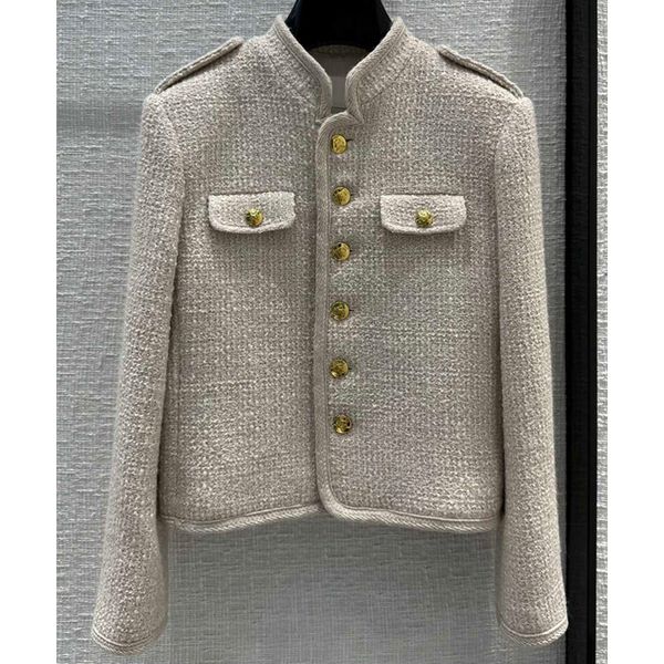 

8.11 fashion stand collar letter jacquard lining single breasted epaulet short tweed jacket women, Black;brown