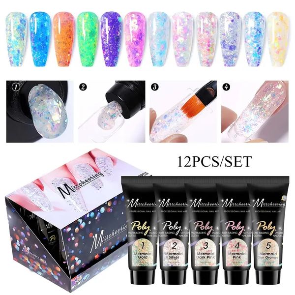 

12-piece glow-in-the-dark glitter poly nail gel kit - perfect for diy manicures at home or salon