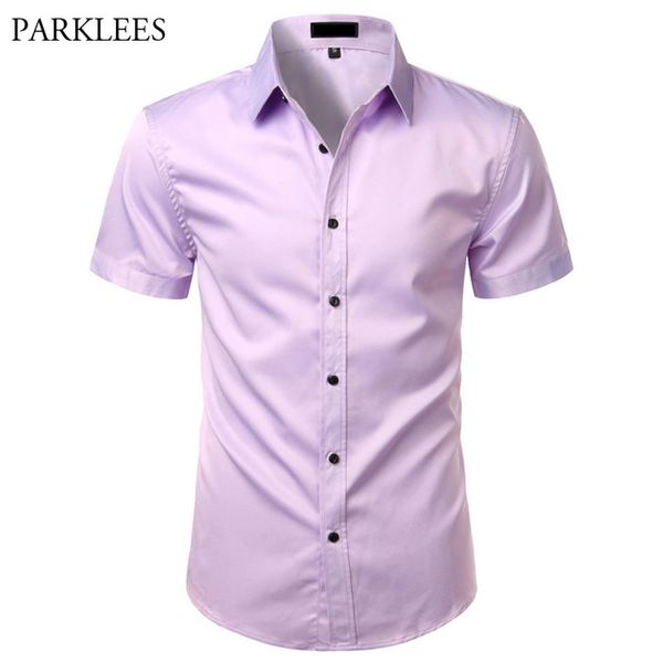 

light purple mens dress shirts 2020 summer short sleeve bamboo fiber shirt men chemise non iron easy care formal shirt for male206t, White;black
