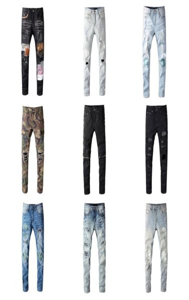 

mens amri jeans washed ripped embroidery biker pants for man fashion stretch slim small straight amr jeans size 2840amri7607750, Blue