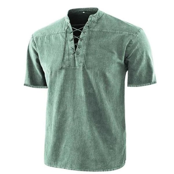 

men casual shirts medieval retro lace-up v-neck cotton linen gothic short sleeve t-shirts plus size s-5xl233e, White;black