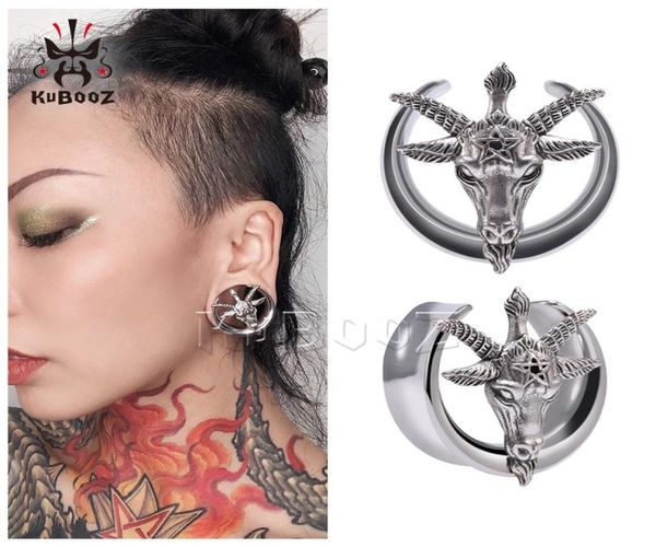 

kubooz stainless steel earring tunnels notched pentagram sheep head ear plugs piercing body jewelry gauges stretchers expanders wh1305515, Silver
