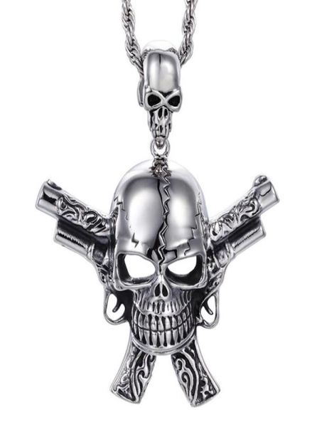 

large casting silver 316l stainless steel biker skeleton skull double pistol pendants gothic necklace men039s cool jewelry gift2007696386