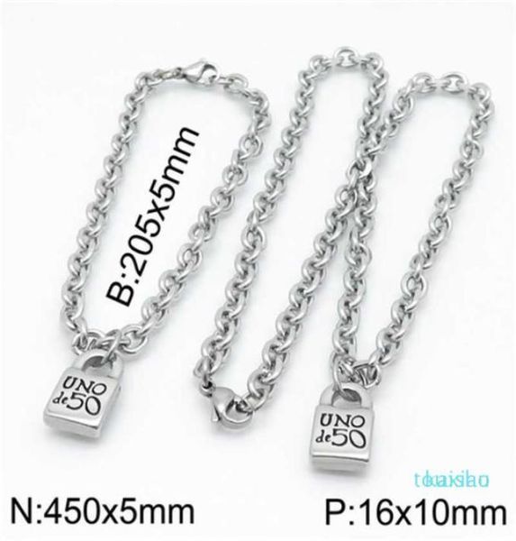 

fashion women men silver color gold stainless steel round lock key heart uno de 50 ball bead bracelet necklace jewelry sets2870431