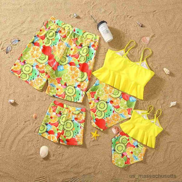 

family matching outfits new summer holiday parent-child outfit ruffled hem tropical fruit print family matching swimwear family styling r230, Blue