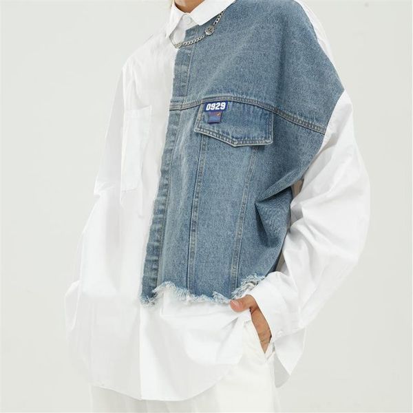 

men's casual shirts men autumn fashion loose long sleeve denim splice shirt male streetwear hip hop vintage dress348o, White;black