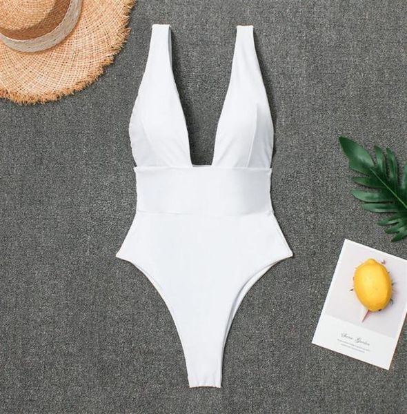 

vneck onepiece swimsuit women high waist thong women039s swimwear 2019 monokini simple black white beach bathing suit3029219006