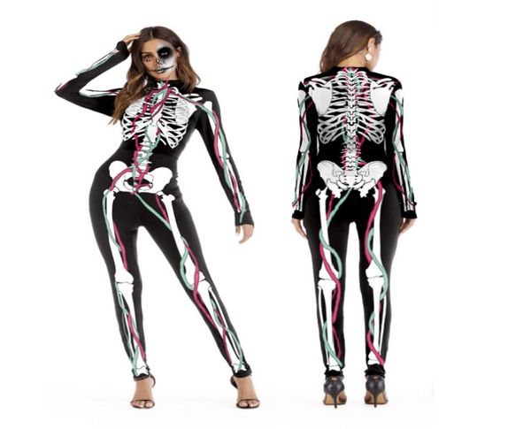 

2018 new halloween cosplay suits for women human skeleton pattern costumes halloween party skintight printed long sleeve bodysuit1675876, Black;red