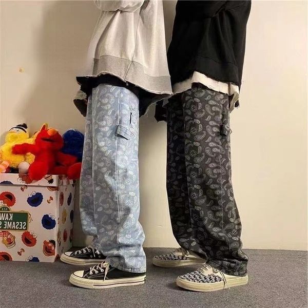 

men's jeans cashew bloem zwarte mannen rechte buis losse lente en herfst zomer koreaanse mode baggy denim broek pants 230810, Blue