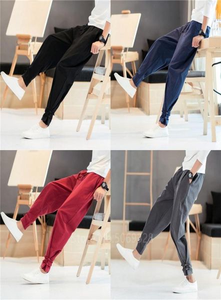 

men pants japanese style samurai kimono homme clothing cardigan chinese solid cotton loose plus bottoms trousers4203603, Red
