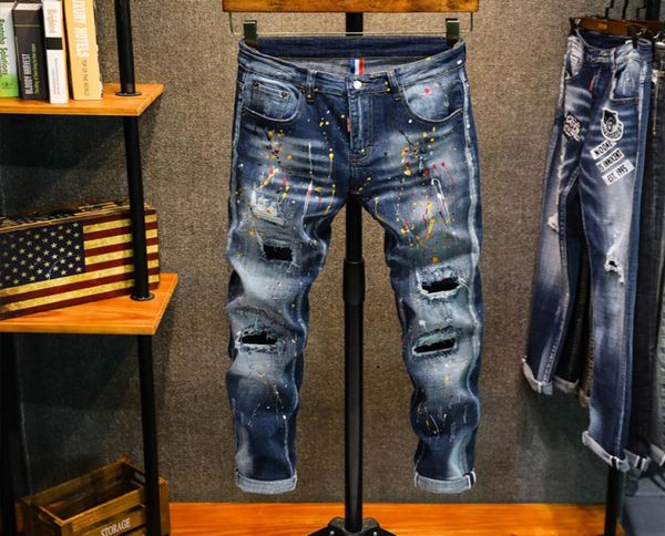 

ripped hole men039s jeans slim stretch paint splashing sticking denim pants hip hop trousers casual straight long streetwear ma7529636, Blue