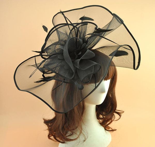 

2018 new white black plain feather facinator hair clip vintage women wedding bride hats hairpin banquet dinner ladies mesh headdre9104915, Slivery;golden