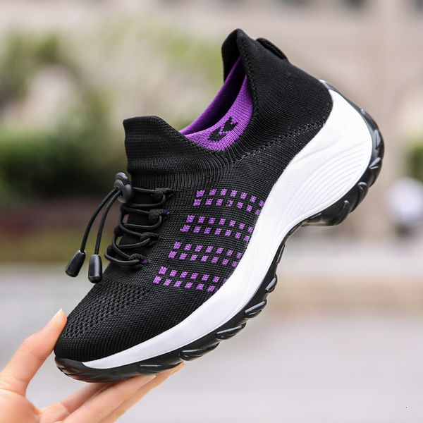 

dress shoes sneakers platform shoes for women casual mesh tenis lady sock wedge solid color breathable knit shoe female chaussure femme 2308, Black