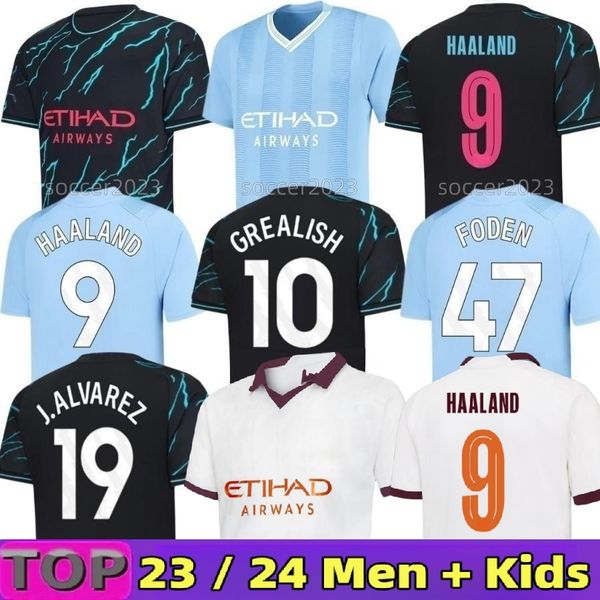 

22/23 treble winners 2024 haaland soccer jerseys grealish sterling mans mahrez fans player version de bruyne foden football shirt kids kit, Black;yellow