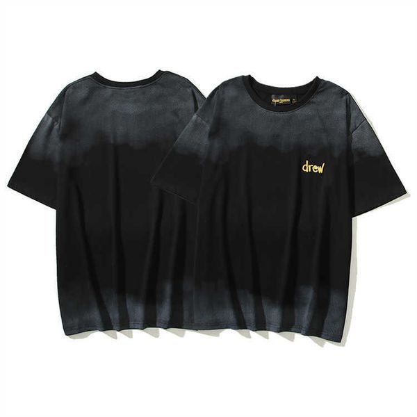 

2023 spring/summer trendy brand drew letter embroidery gradient hip hop couple loose relaxed round neck short sleeve t-shirt, White;black