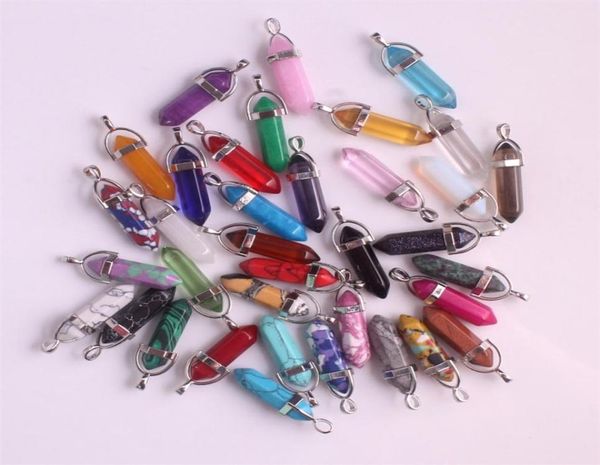 

24pcs lot healing point chakra pendants hexagonal quartz crystals bullet shape stone diy pendulum beads jewelry making22526529053, Silver