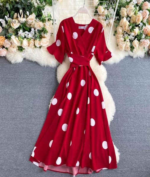

vintage big polka dot print v neck bandage dress casual summer midi party women elegant swing red9455701, Black;gray